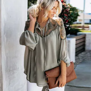 Women Casual Long Sleeve Loose Chiffon Embroidery Blouse