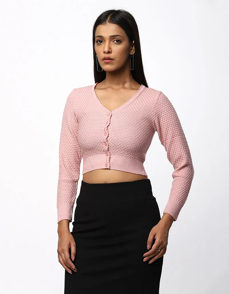 Women Woolen V Neck Front Button Crop Top