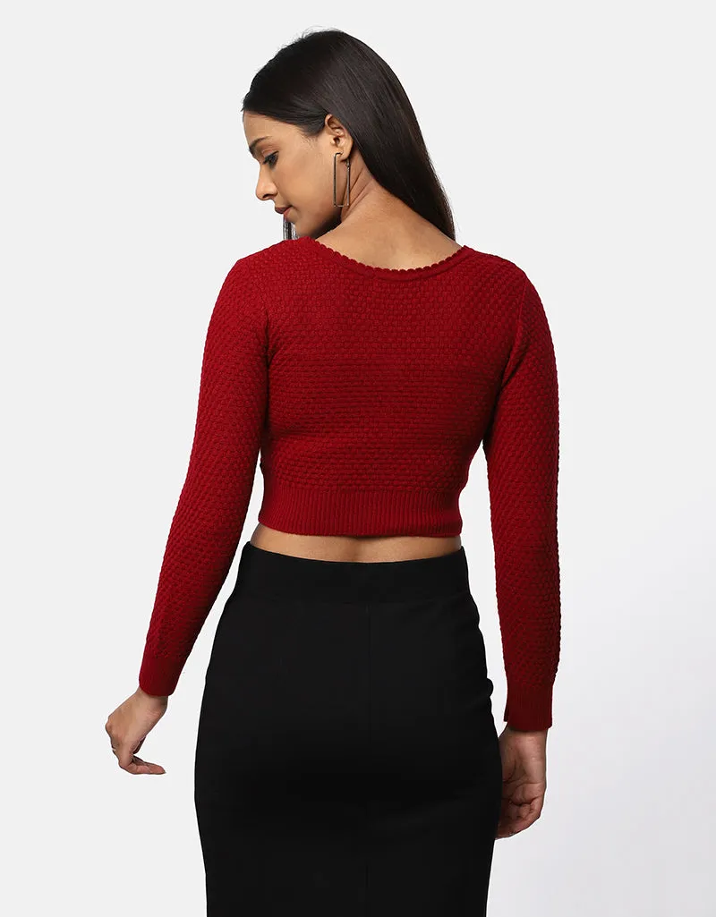 Women Woolen V Neck Front Button Crop Top