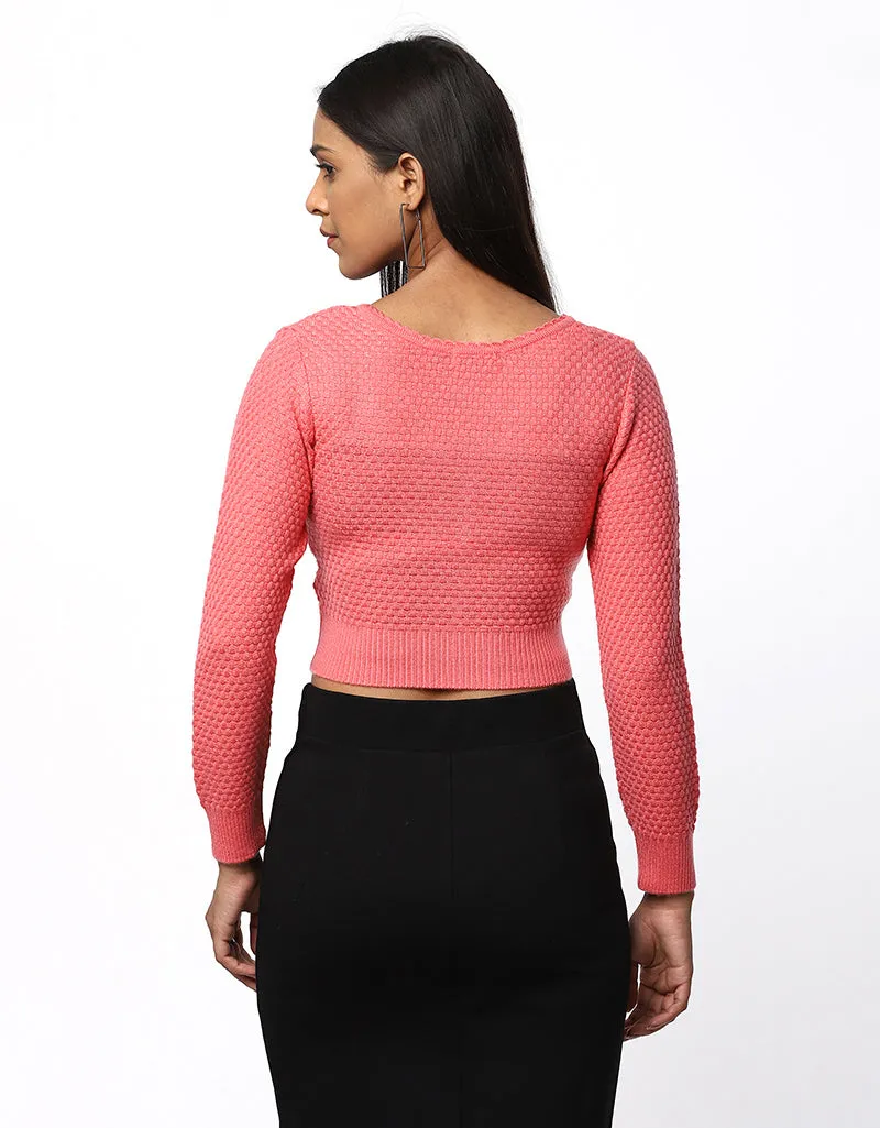 Women Woolen V Neck Front Button Crop Top