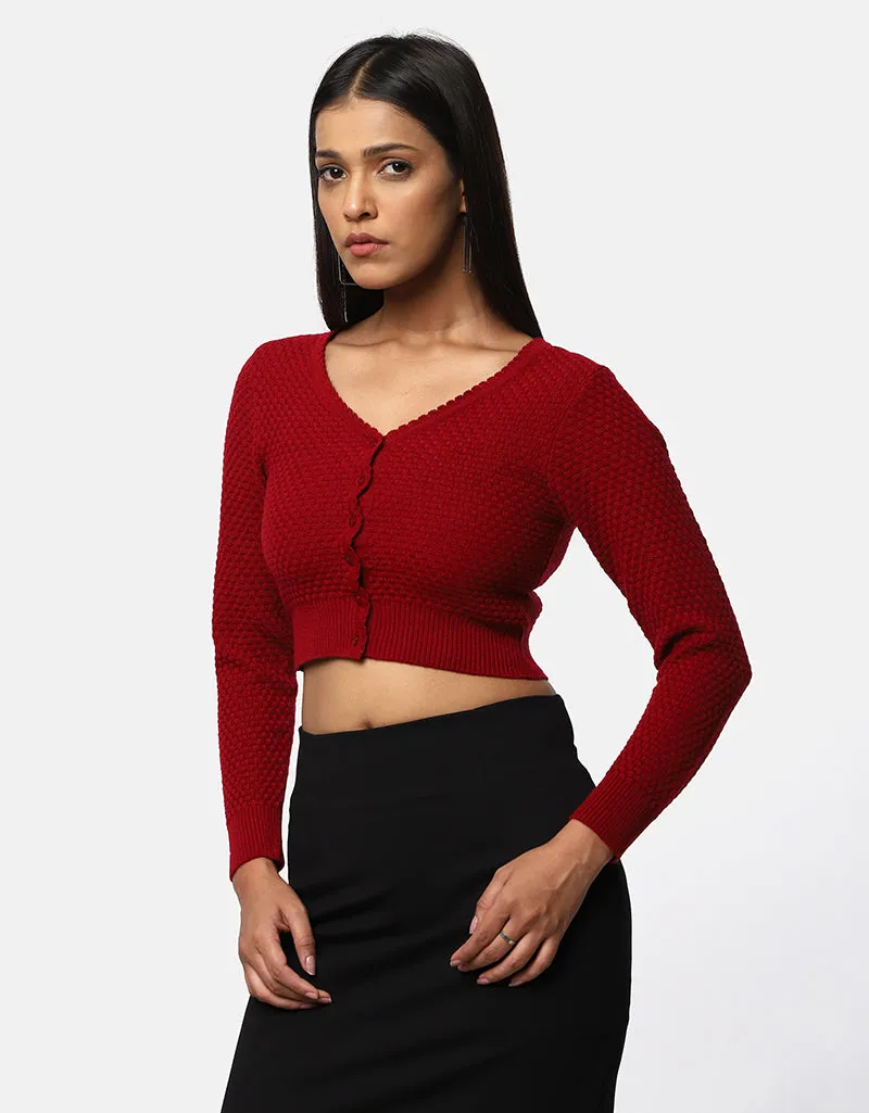 Women Woolen V Neck Front Button Crop Top