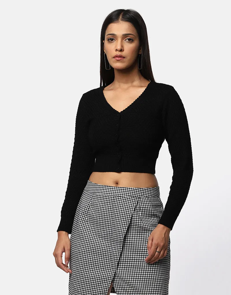 Women Woolen V Neck Front Button Crop Top