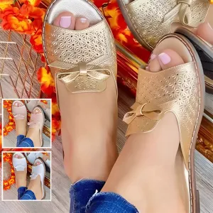 Women's Comfortable Hollow Bow Open Toe Flat Sandals