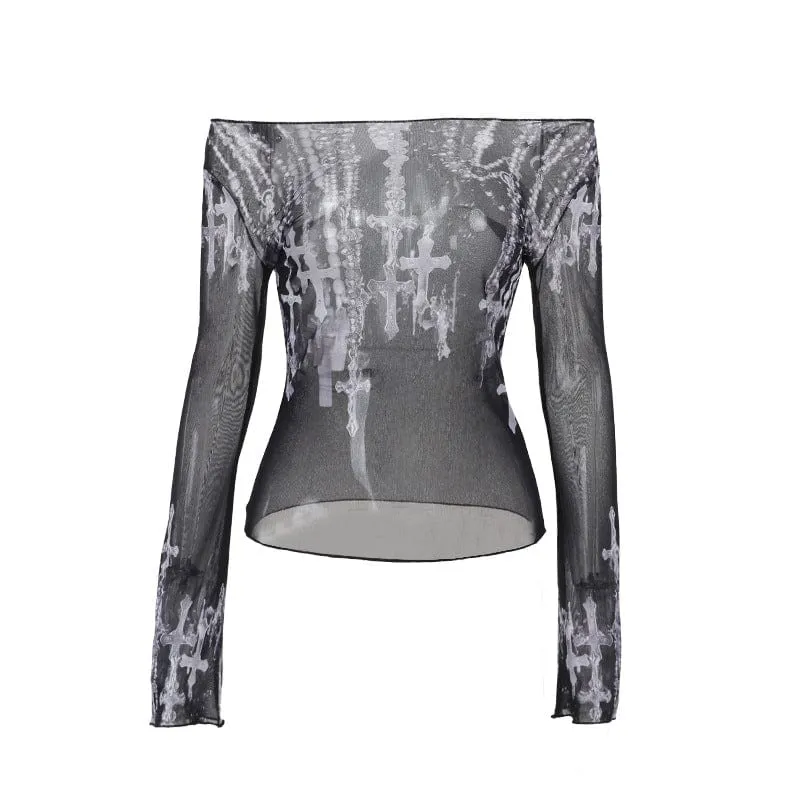 Women's Gothic Off-the-shoulder Cross Printed Mesh Shirt