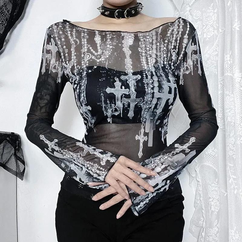 Women's Gothic Off-the-shoulder Cross Printed Mesh Shirt