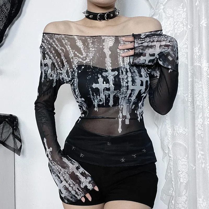 Women's Gothic Off-the-shoulder Cross Printed Mesh Shirt