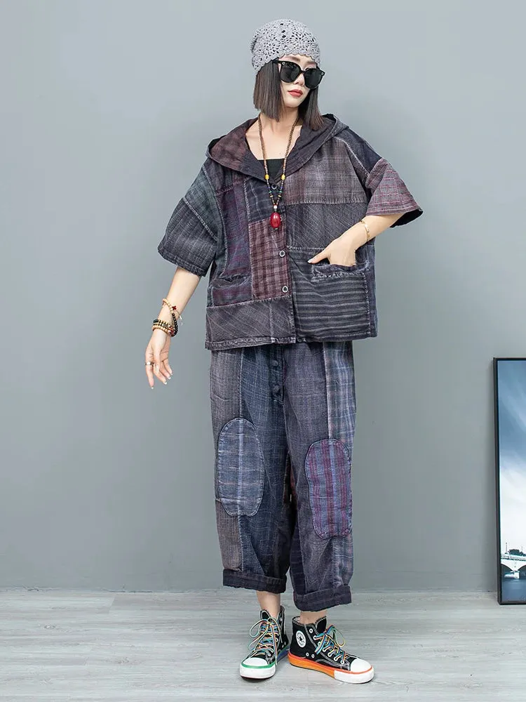 Women's Quiltwork Patchwork Cotton Hoodie & Harem Pants Set