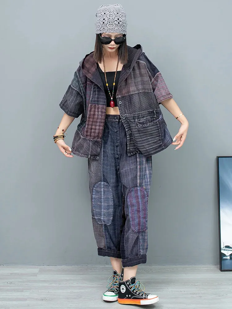 Women's Quiltwork Patchwork Cotton Hoodie & Harem Pants Set