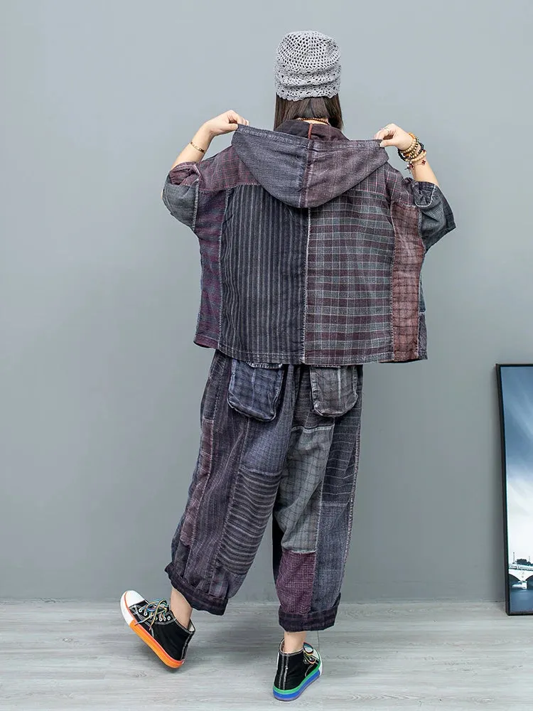 Women's Quiltwork Patchwork Cotton Hoodie & Harem Pants Set