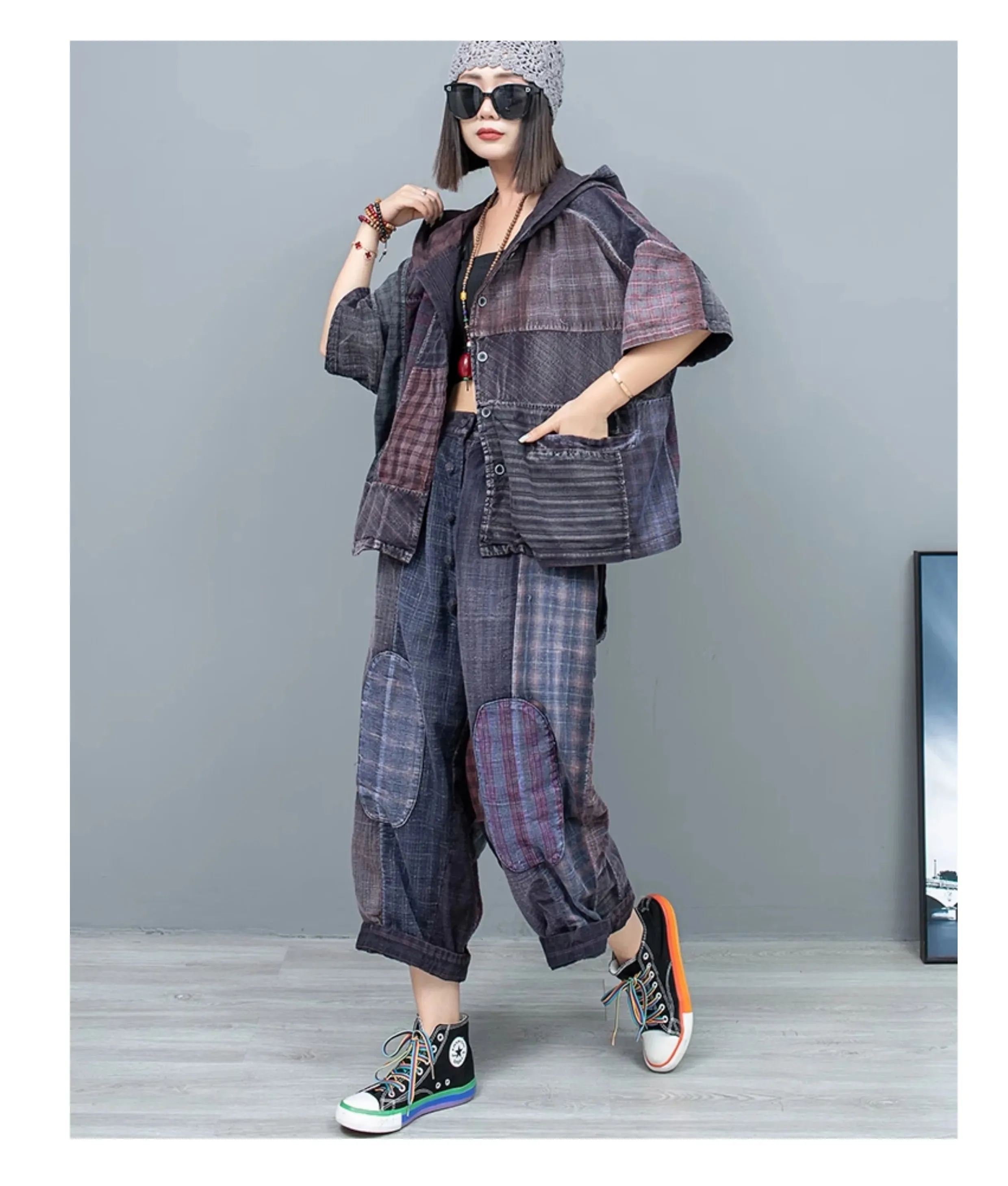 Women's Quiltwork Patchwork Cotton Hoodie & Harem Pants Set