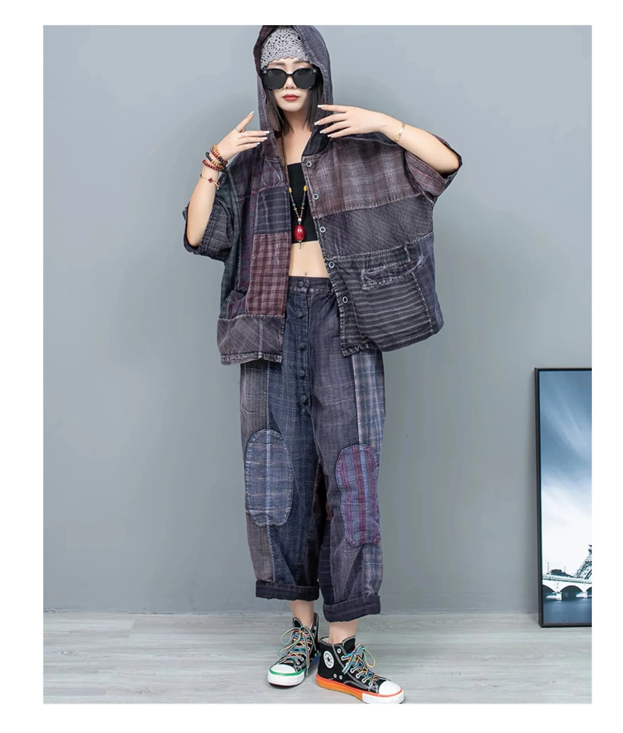 Women's Quiltwork Patchwork Cotton Hoodie & Harem Pants Set