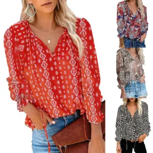 Womens V-Neck Floral Print Long Sleeve Bohemian Chiffon Shirt