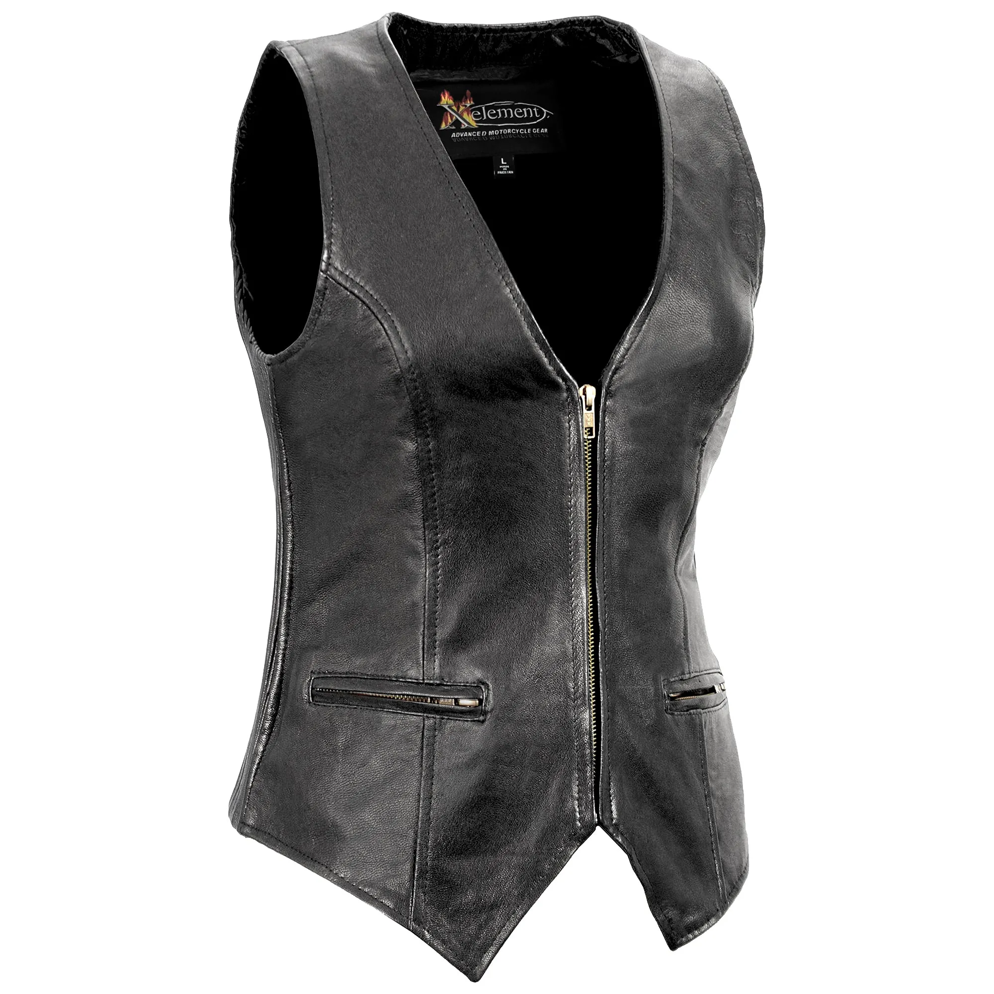 Xelement B380 Black Motorcycle Vest for Womens - Ladies Real Genuine Leather Biker Gilet