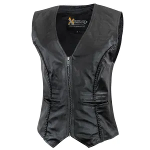 Xelement XS1246Z Black Motorcycle Vest for Womens - Ladies Real Genuine Leather Biker Gilet