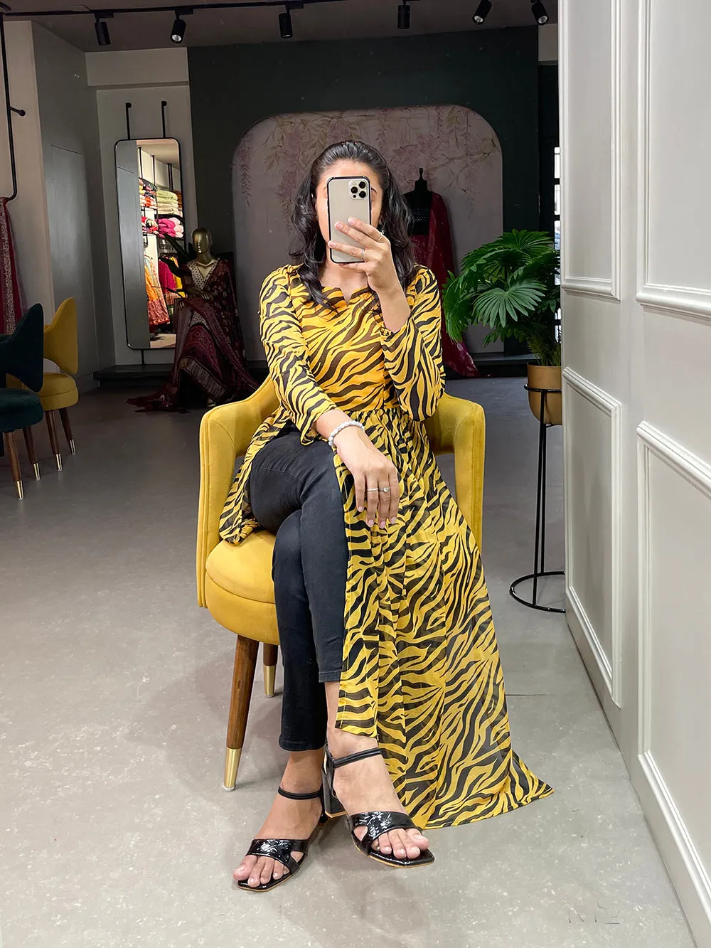 Yellow Color Animal Print Chiffon Kurti